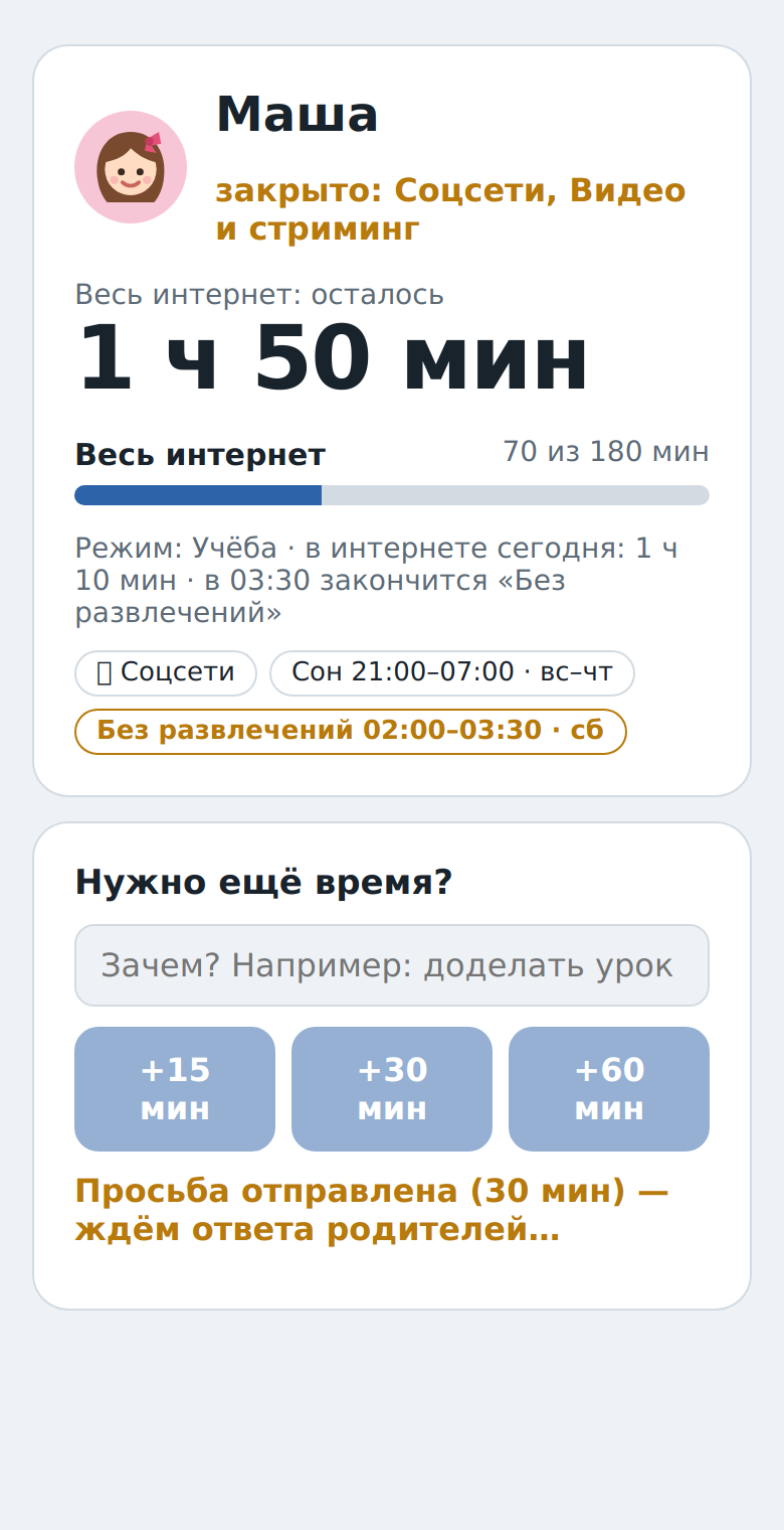 Страница ребёнка на телефоне: сколько осталось и кнопка «попросить ещё»
